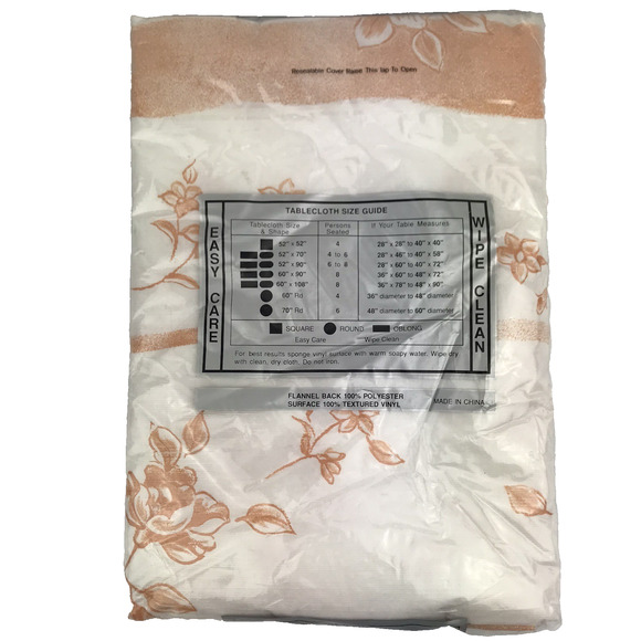 Vtg NEW Flannel Back Vinyl Tablecloth Oblong 52"x70" Floral White Peach - Picture 3 of 4